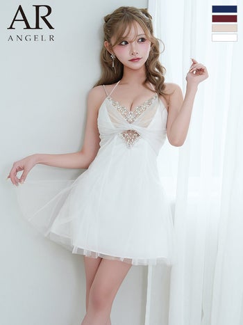 キャバドレス Angel R エンジェルアール ビジュー パール ホルターネック風 レースクロス Vカット ギャザー シアーチュール フレアミニドレス