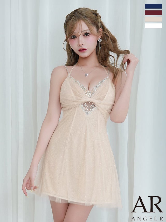 キャバドレス Angel R エンジェルアール Vカット ギャザー ホルターネック風 ビジュー パール レースクロス シアーチュール フレアミニドレス