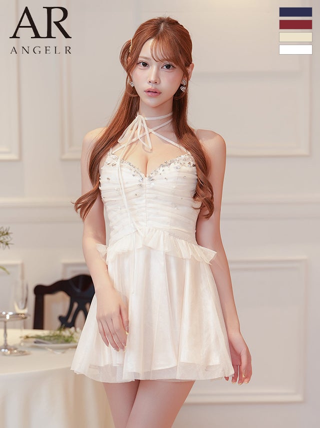 キャバドレス Angel R エンジェルアール Vカット ビジュー パール キャミソール ネックリボン シャーリング ペプラム シアーチュール フレアミニドレス