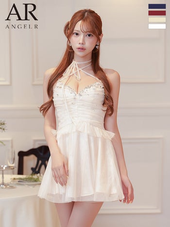 キャバドレス Angel R エンジェルアール Vカット ビジュー パール キャミソール ネックリボン シャーリング ペプラム シアーチュール フレアミニドレス