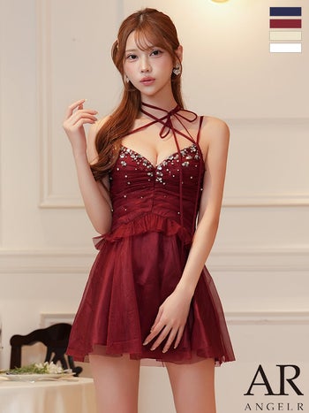 キャバドレス Angel R エンジェルアール ペプラム シアーチュール シャーリング Vカット ビジュー パール キャミソール ネックリボン フレアミニドレス