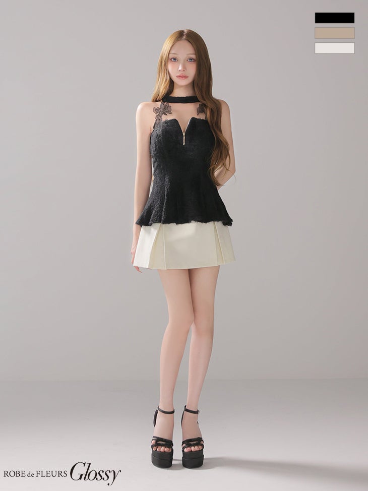 キャバドレス Glossy by ROBE de FLEURS グロッシー ジップデザイン ペプラム セットアップ プリーツスカート ホルターネック レース フレアミニドレス