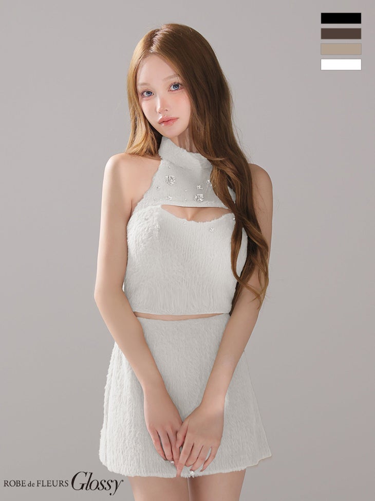 キャバドレス Glossy by ROBE de FLEURS グロッシー ビジュー カットアウトデザイン チェーン バックリボン シャギー セットアップ 2way ホルターネック タイトミニドレス