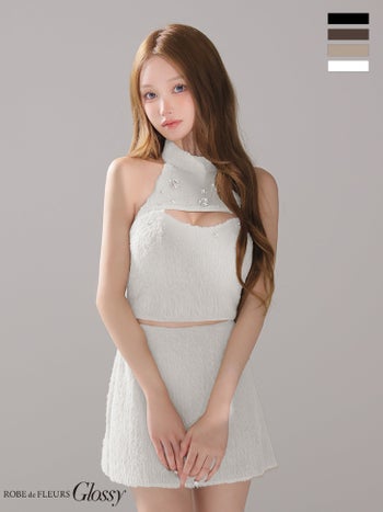 キャバドレス Glossy by ROBE de FLEURS グロッシー ビジュー カットアウトデザイン チェーン バックリボン シャギー セットアップ 2way ホルターネック タイトミニドレス