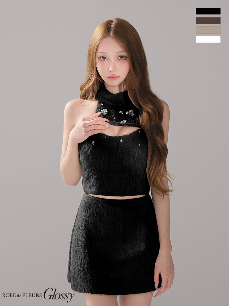 キャバドレス Glossy by ROBE de FLEURS グロッシー カットアウトデザイン チェーン バックリボン シャギー セットアップ 2way ホルターネック ビジュー タイトミニドレス