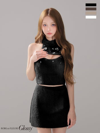キャバドレス Glossy by ROBE de FLEURS グロッシー カットアウトデザイン チェーン バックリボン シャギー セットアップ 2way ホルターネック ビジュー タイトミニドレス