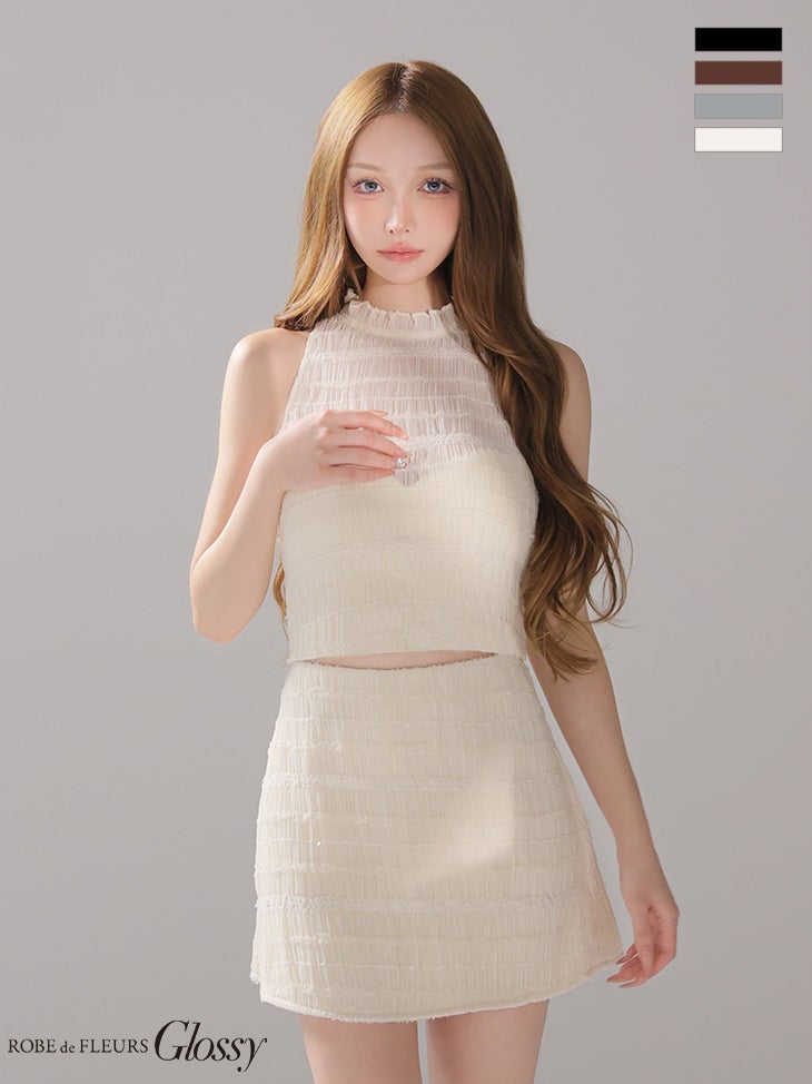 キャバドレス Glossy by ROBE de FLEURS グロッシー シアー ギャザーシフォン セットアップ ホルターネック タイトミニドレス