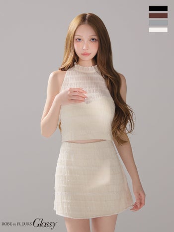 キャバドレス Glossy by ROBE de FLEURS グロッシー シアー ギャザーシフォン セットアップ ホルターネック タイトミニドレス
