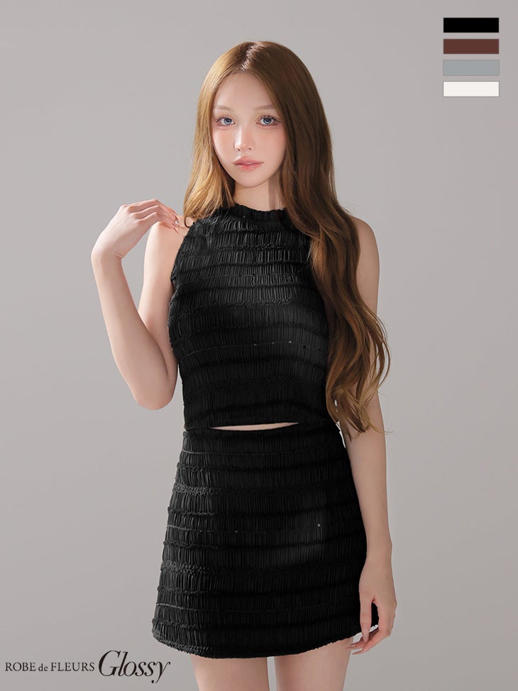 キャバドレス Glossy by ROBE de FLEURS グロッシー ギャザーシフォン セットアップ ホルターネック シアー タイトミニドレス