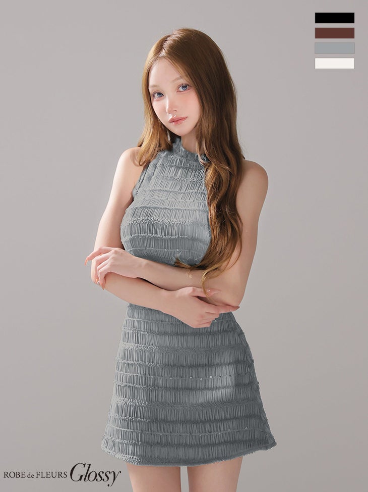 キャバドレス Glossy by ROBE de FLEURS グロッシー セットアップ ホルターネック シアー ギャザーシフォン タイトミニドレス