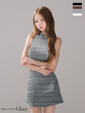 キャバドレス Glossy by ROBE de FLEURS グロッシー セットアップ ホルターネック シアー ギャザーシフォン タイトミニドレス