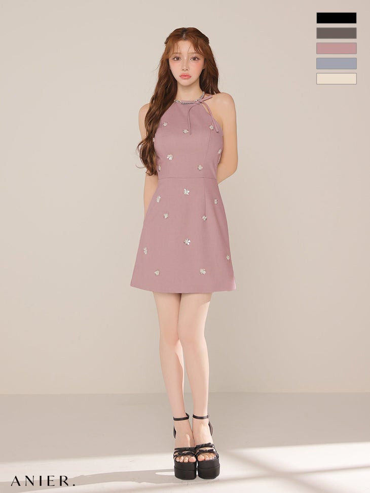 キャバドレス ANIER. アニエル フラワーモチーフ バックオープン ホルターネック リボン ビジュー フレアミニドレス