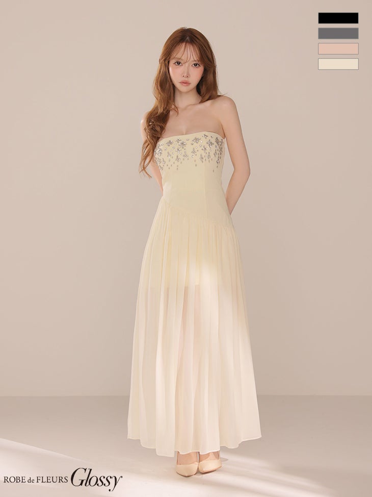 キャバドレス Glossy by ROBE de FLEURS グロッシー バストフラワービジュー ベアトップ リブニット アシンメトリー シフォン Aラインロングドレス