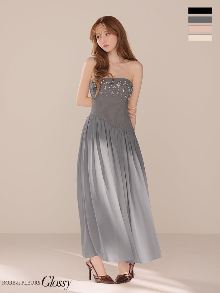 キャバドレス Glossy by ROBE de FLEURS グロッシー ローブドフルール アシンメトリー バストフラワービジュー ベアトップ リブニット シフォン Aラインロングドレス