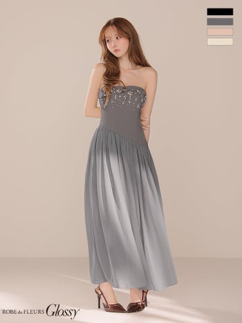 キャバドレス Glossy by ROBE de FLEURS グロッシー ローブドフルール アシンメトリー バストフラワービジュー ベアトップ リブニット シフォン Aラインロングドレス