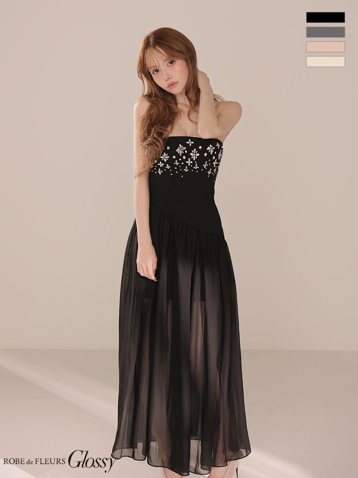 キャバドレス Glossy by ROBE de FLEURS グロッシー ローブドフルール リブニット アシンメトリー バストフラワービジュー ベアトップ シフォン Aラインロングドレス