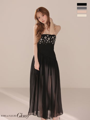 キャバドレス Glossy by ROBE de FLEURS グロッシー ローブドフルール リブニット アシンメトリー バストフラワービジュー ベアトップ シフォン Aラインロングドレス