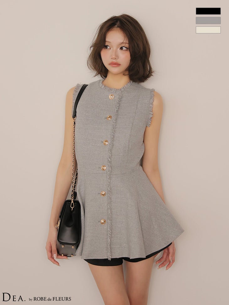 キャバドレス DEA.by ROBE de FLEURS ディア ローブドフルール ゴールドボタン ペプラム ノースリーブ ツイード フリンジ ショートパンツ セットアップ ミニドレス
