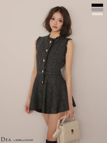 キャバドレス DEA.by ROBE de FLEURS ディア ローブドフルール ショートパンツ セットアップ ゴールドボタン ペプラム ノースリーブ ツイード フリンジ ミニドレス