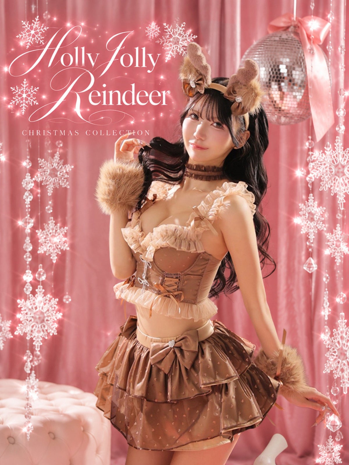 サンタコスプレ 勝負下着 Deco Lingerie デコランジェリー トナカイ チュールフリル グリッターハートコルセット風 リボン サテン ランジェリー 5点セット